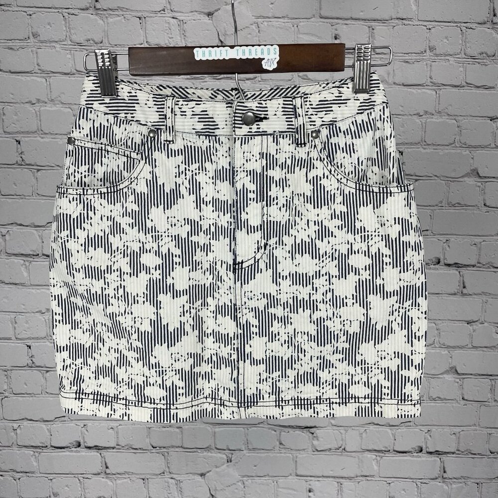 BDG Urban Outfitters Blue Ivory Cotton Striped Floral Mini Skirt Stretch Size 0